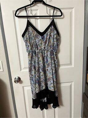 Boho Paisley Hi-Low Dress Black Trim V-Neck Spaghetti Strap Elastic Back Large
